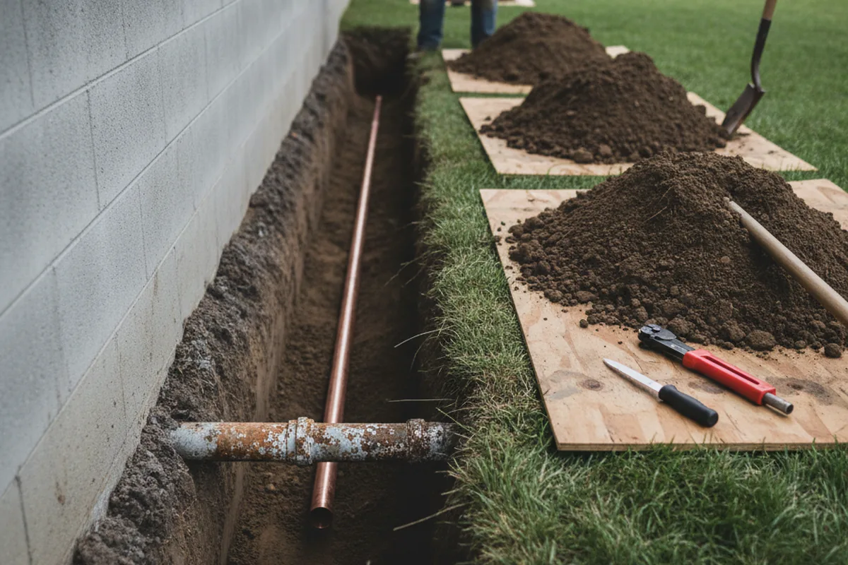 Excavated water line trench during Water Softener Installation in Zieglerville